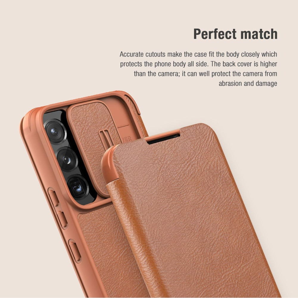 FRATO No Advertising Galaxy S22 Series Camera Protection QIN Leather Flip Case