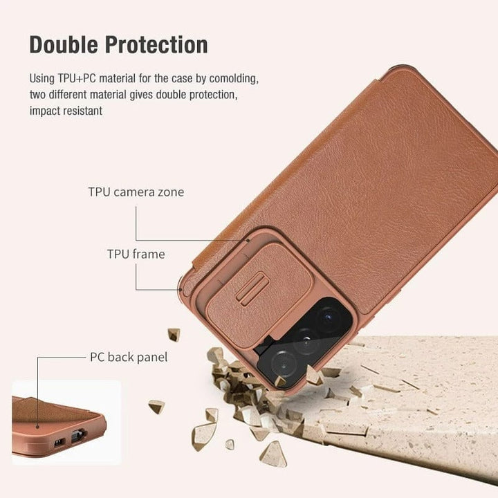 FRATO No Advertising Galaxy S22 Series Camera Protection QIN Leather Flip Case