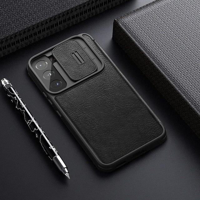 FRATO No Advertising Samsung Galaxy S22 / Black Galaxy S22 Series Camera Protection QIN Leather Flip Case