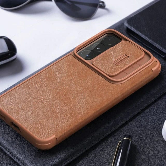 FRATO No Advertising Samsung Galaxy S22 / Brown Galaxy S22 Series Camera Protection QIN Leather Flip Case