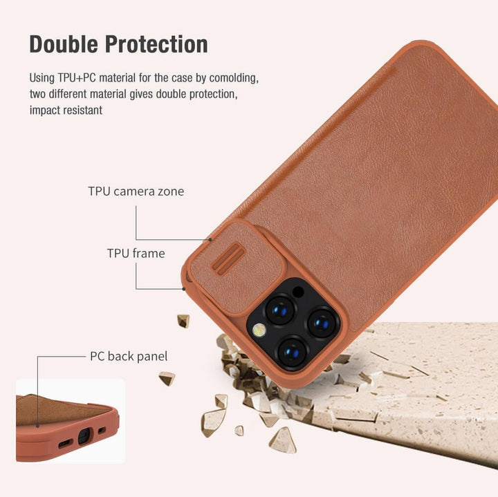 iPhone 15 Pro Camera Protection QIN Leather Flip Case Brown