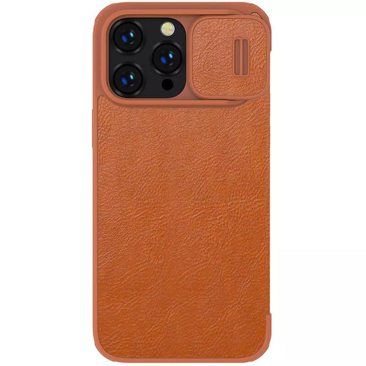 iPhone 15 Pro Camera Protection QIN Leather Flip Case Brown
