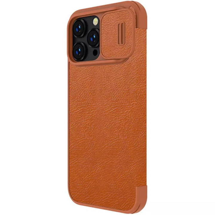 iPhone 15 Pro Camera Protection QIN Leather Flip Case Brown