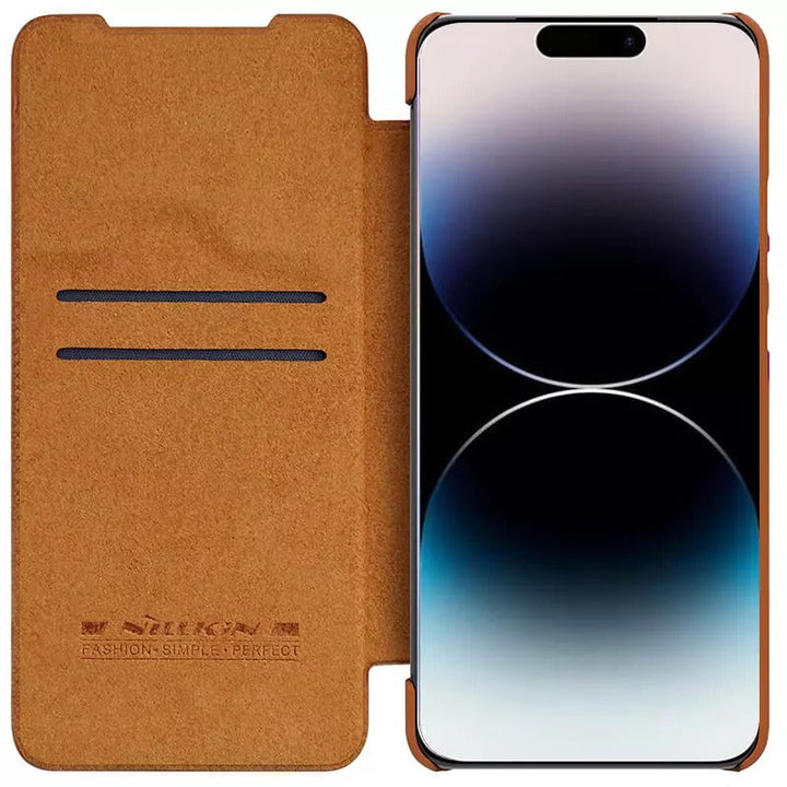 iPhone 15 Pro Camera Protection QIN Leather Flip Case Brown